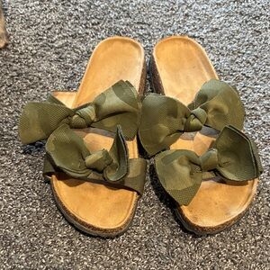 Womens Olive Green Bow Slide Sandals